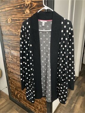 Isaac Mizrahi Black and White Polka Dot Open-Front Cardigan